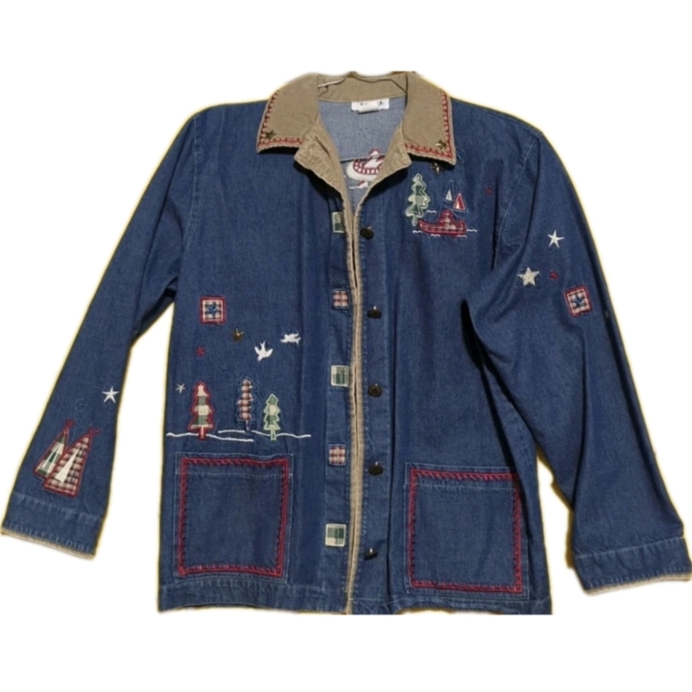 🛶Vintage Teddi Denim Jean Jacket Corduroy Trim Embroidered Canoe Camping Theme